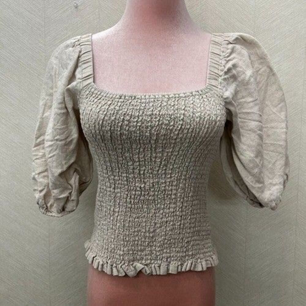 525 America Linen Beige Puff Sleeve Smocked Blouse Top Womens Size M